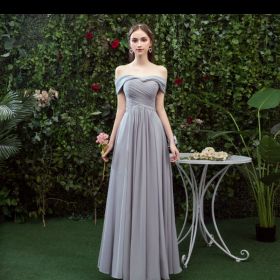 Bridesmaid Long Gray Bridesmaid Sisters Wedding Slimming Off-shoulder Banquet Dress (Option: Gray E-XL)